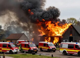 Brandweer blust grote schuurbrand in Alblasserdam met 15 voertuigen uit